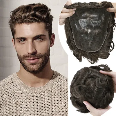 Real Human Hair Piece Mens Toupee Replacement System /Mono PU Poly Short Curly • $66.69