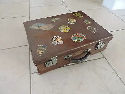 Vintage Travel Suitcase With Leather Handle And Eleven Travel Stickers • $16