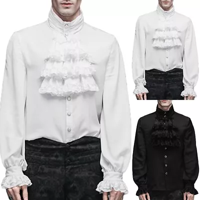 Renaissance Pirate Men's Vampire Gothic Ruffled Blouse Tops White/Black • £30.74