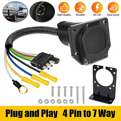 4 Pin To 7 Way Trailer Truck Adapter Converter Wiring Plug With Mounting Bracket • $15.48