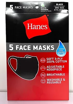 5 Pack Hanes Face Masks - Black Cotton Reusable Cover Face Mask Cloth Facemask • $5.99
