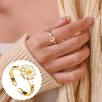 Stunning Gold Daisy Spinner Fidget Adjustable Ring Anti-anxiety 18K Gold Plated • £4.99