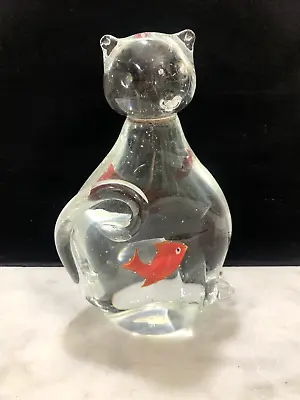 Murano Style Blown Glass Cat With Fish In Belly Figurine Statue 6.25” Tall • $32