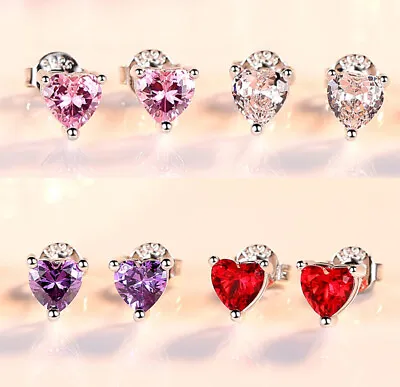  925 Sterling Silver Heart Charm Stud Earrings Womens Girls Jewellery New UK • £2.97