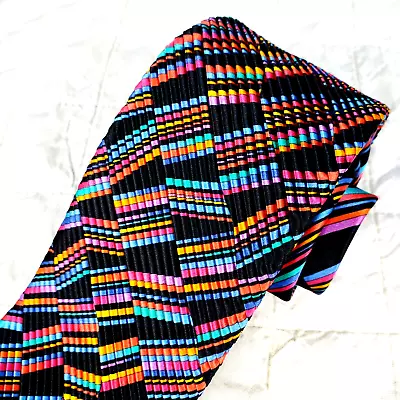 NWOT VITALIANO PANCALDI Black Colorful Striped 100% Silk PLEATED Luxury Tie • $69.99