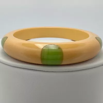 Rare Vintage Yellow & Marbled Green Bakelite Polka Dot Bangle Bracelet • $29