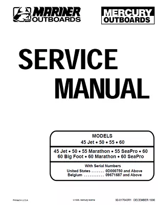 Mercury 45 Jet 50 55 60 Marathon Seapro Big Foot Service Manual | MAILED CD • $12.99
