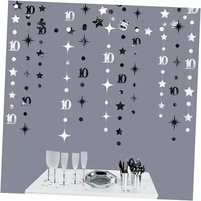 10th Birthday Decorations Number 10 Circle Dot Twinkle Star Silver Black • £28.05