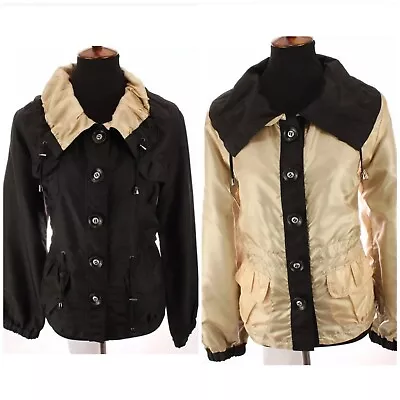 UBU Womens Reversible Jacket Ruffled Pleat Collar Packable Black Beige Sz Medium • $58.70