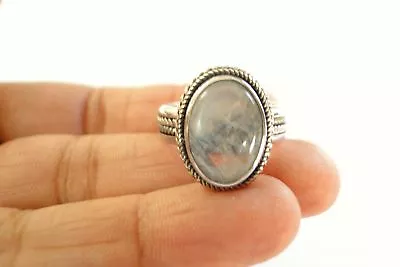 Rainbow Moonstone Solitaire Ornate Edged 925 Sterling Silver Ring Size 6 3/4 • $49