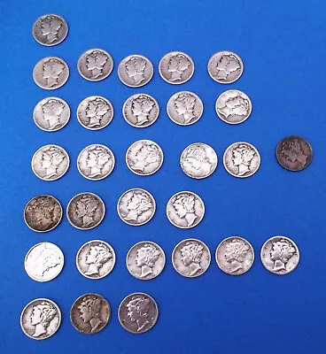 $3.00 Face Value 1916-1945  Mercury Dimes 90% Silver - 30 Circulated Coins • $68.68