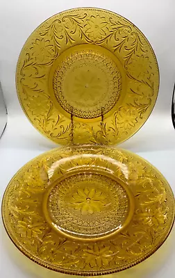 Vintage Indiana Tiara Glass Golden Amber Dinner Plates 10 1/4  - Set Of 2 • $18