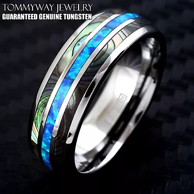 8mm Tungsten Carbide Men's Abalone And Hawaiian Blue Opal Wedding Band Ring • $22.99