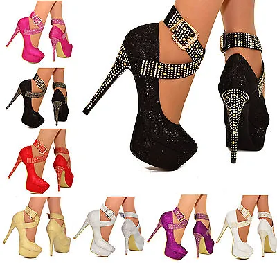 £26.99 • Buy Ladies Platform High Heels Sparkly Diamante Stud Ankle Strap Party Shoes 3-8