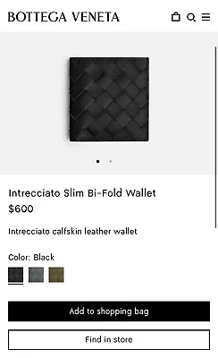 Bottega Veneta Intrecciato Slim Bi-Fold Men’s Wallet - Black: BRAND NEW IN BOX • $319