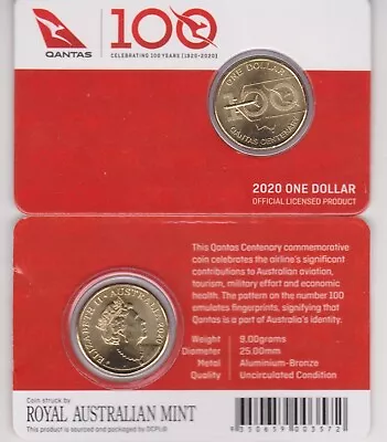 2020 Qantas 100 Yrs  Unc $1 Coin  Mor  In  Ram Card. • $45.50
