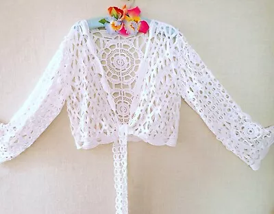 BNWT White Lace Cropped Cardigan With Long Lace Ties & Wide Loose Sleeves M • £12.99