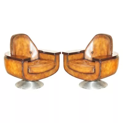 Pair Of 1969 Peter Hoyte Whisky Brown Leather Hardwood Armchairs Fully Restored • £8500