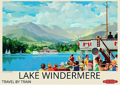 Vintage Railway Poster Lake Windermere Boats MV Teal + Swan Art Deco PRINT A4 A3 • £5.99