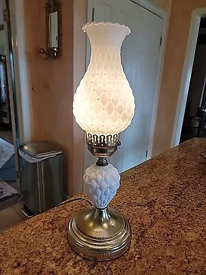 Vintage Milk Glass Diamond Quilt Pattern Electric Lamp 19” Very Nice!! Key Turn • $40