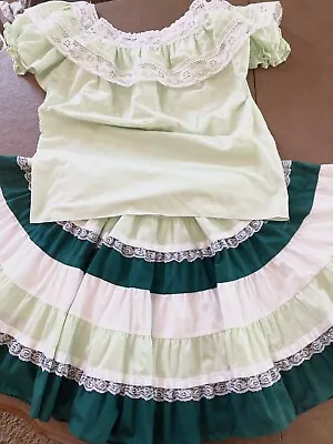 Square Dance Outfit Skirt And Matching Blouse In Mint And Dark Green With White • $55