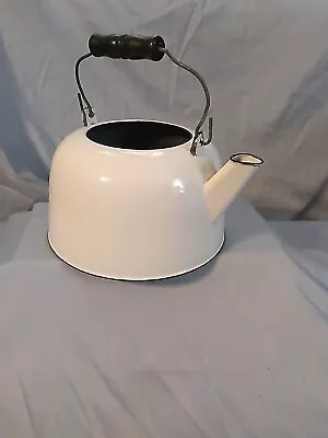 Vintage Large White Black ENAMEL NO Lid TEAPOT Water KETTLE Wood Handle Rustic • £19.29