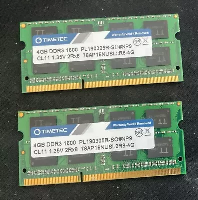 Timetec 8GB KIT(2x4GB) Compatible For Apple DDR3L 1600MHz For MacBook Pro • $17.99