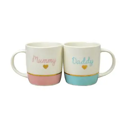 Mummy & Daddy Mug Set Gift New Parents Pink Blue Gold Foil Design Baby Shower • £12.95