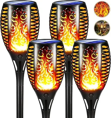 4× Flame Effect Solar Outdoor Lights Stake Garden Path Flickering LED Torch Lamp • £9.99