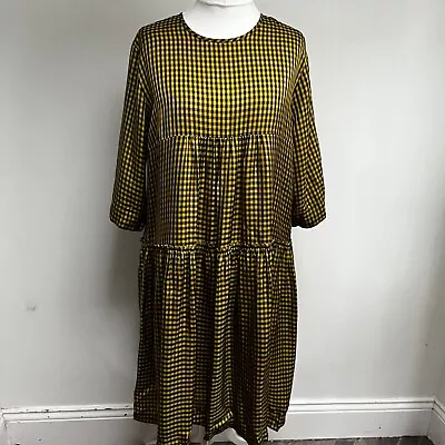 Masai Midi Dress Size XL Black Yellow Gingham Check Tiered Lagenlook Layering • £50