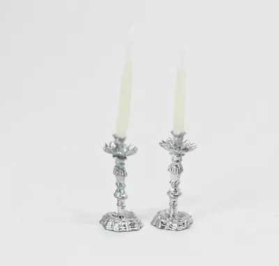 Dollhouse Miniature Pair Of Silver Candlesticks With Real Wax Candles • $7.99