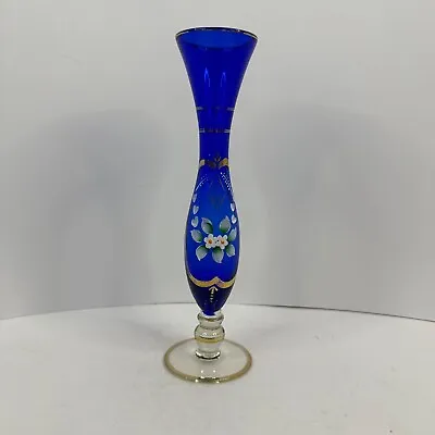 Cobalt Blue Bohemian Czech Moser Hand Painted Floral Glass Bud Vase • $19