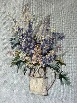 Vintage Needlepoint Picture Pillow Cover Flowers Jug Blue Handmade Embroidery • $25