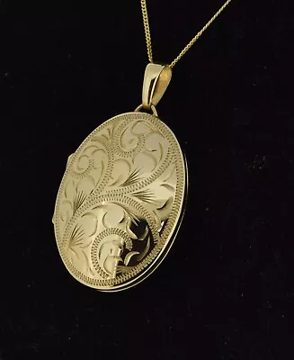 9ct Yellow Gold 30mm Oval Locket Hand Engraved Front • £260