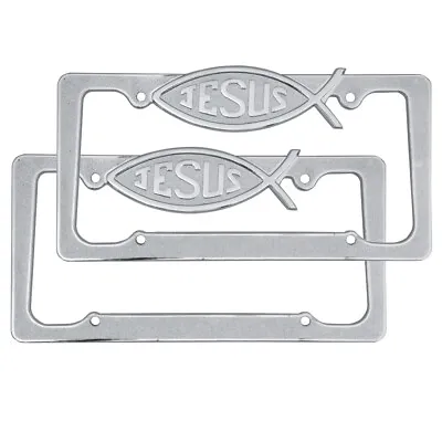 2 PC Jesus Chrome Design Metal License Plate Frames All Weather Resistant • $21.90