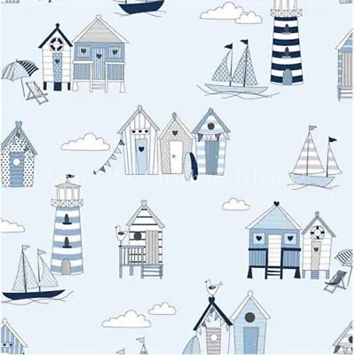 Cotton Fabric - Seaside Beach Huts Sailing Boat Lighthouse Craft Fabric Material • £9.99