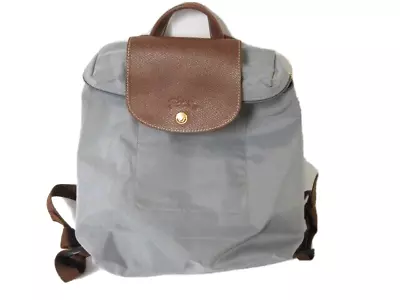 Longchamp Sac A Dos Le Pliage Modele Depose Gray Brown Leather Backpack Bag • $59.99