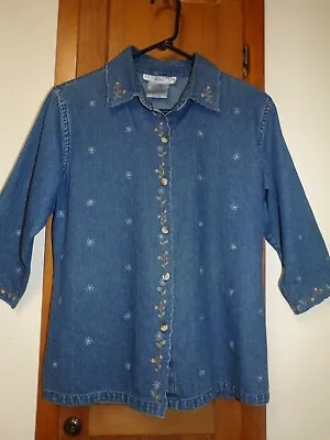 VICTORIA JONES Petite Embroidered Long Sleeve Blue Denim Jacket/Top - Size PM • $18.99