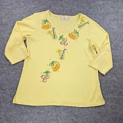 Quacker Factory Shirt Womens Medium Yellow 3/4 Sleeve Fruit Sequin Drinks Top • $24.98