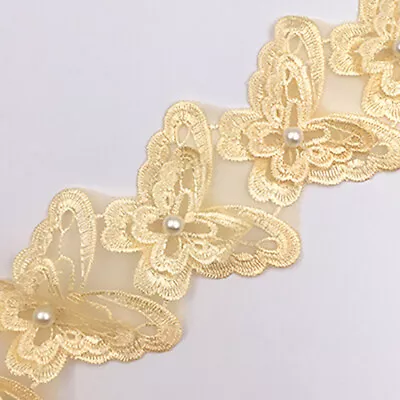 1Yard Flower Pearl Satin Trim Wedding Embroidered Applique DIY Craft Sewing Lace • £2.82