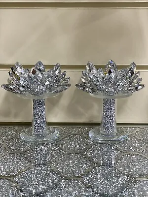 2x Romany Silver Crystal Candle Holder Lotus Filled Crushed Diamonds Home Decor  • £21.98