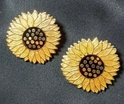 Enamel Sunflower Clip Earrings Gold Tone Petals Black High Quality Costume VTG • $24.15