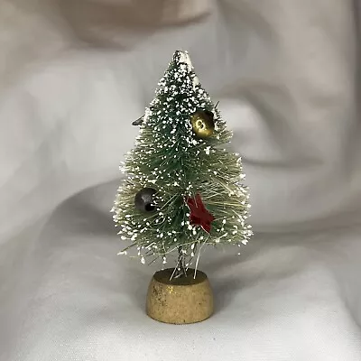 Bottle Brush Miniature Christmas Tree 3” Flocked Mercury Glass Wood Base Kitsch • $19.99