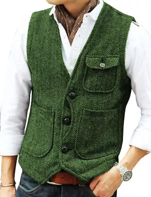 Mens Vintage Vests Wedding Cowboy Hunting Herringbone Waistcoat Large XL XXL 3XL • $25.19