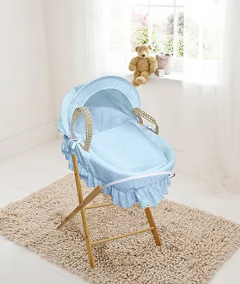 £42.99 • Buy Blue Broderie Anglaise Palm Moses Basket With Folding Stand, Bedding & Mattress