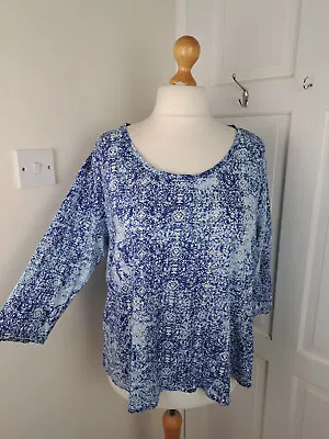 POETRY Blue White Patterned Scoop Neck 100% Linen 3/4 Sleeve Top Size 22 • £24.99