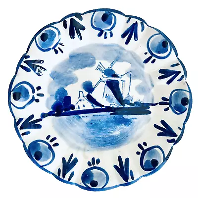 1979 Royal Delft Dutch Windmill Plate Blue White Scalloped Europe Wall Art MCM • $12