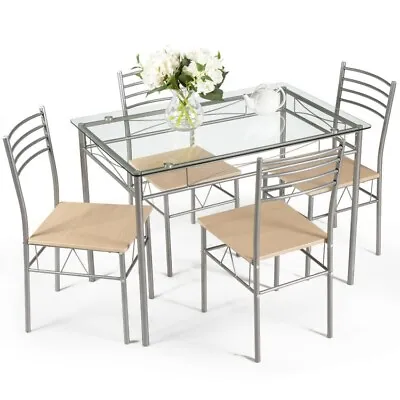 5 Piece Elegant Dining Set Glass Table & 4-Chairs Kitchen Dinner Room Furniture • $158.98