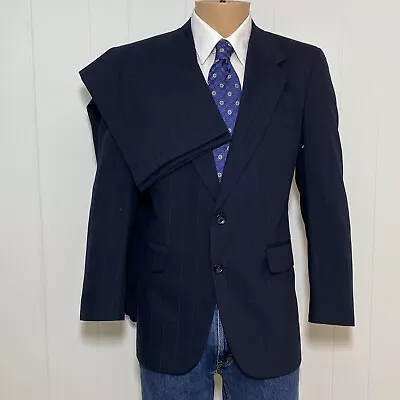 Vintage Halston Suit Mens 38R Navy Blue Chalk Stripe 2B Wool 2 Piece Pants 30x30 • $127.97