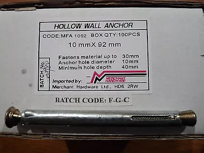 100 WINDOW / DOOR HOLLOW WALL METAL ANCHORS FIXINGS  10mm X 92mm • £14.99